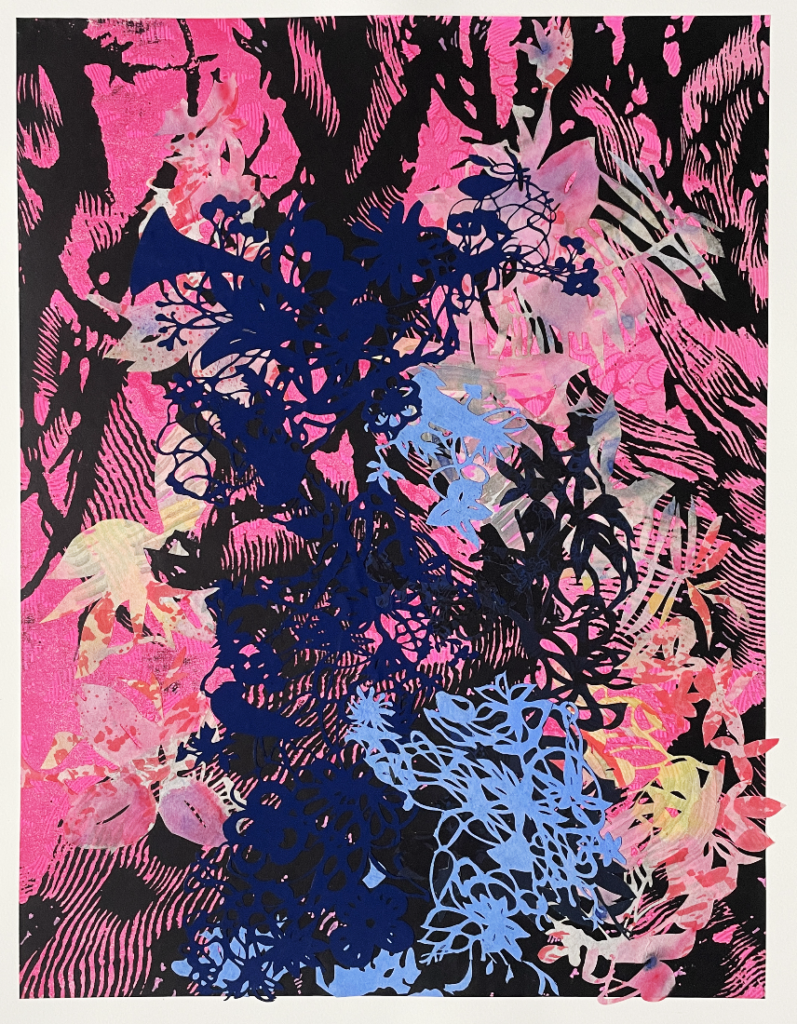 Fred H.C.Liang, Crescent Edge IV, 2024, Gouache, 4 block woodcut, paper cut, 30 x 22 inches